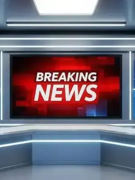 Download Futuristic TV News Studio with Illuminated Anchor Desk and City Skyline Backdrop for free